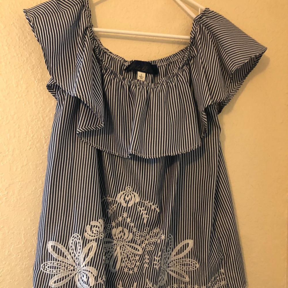 Off the shoulder blue and white top
